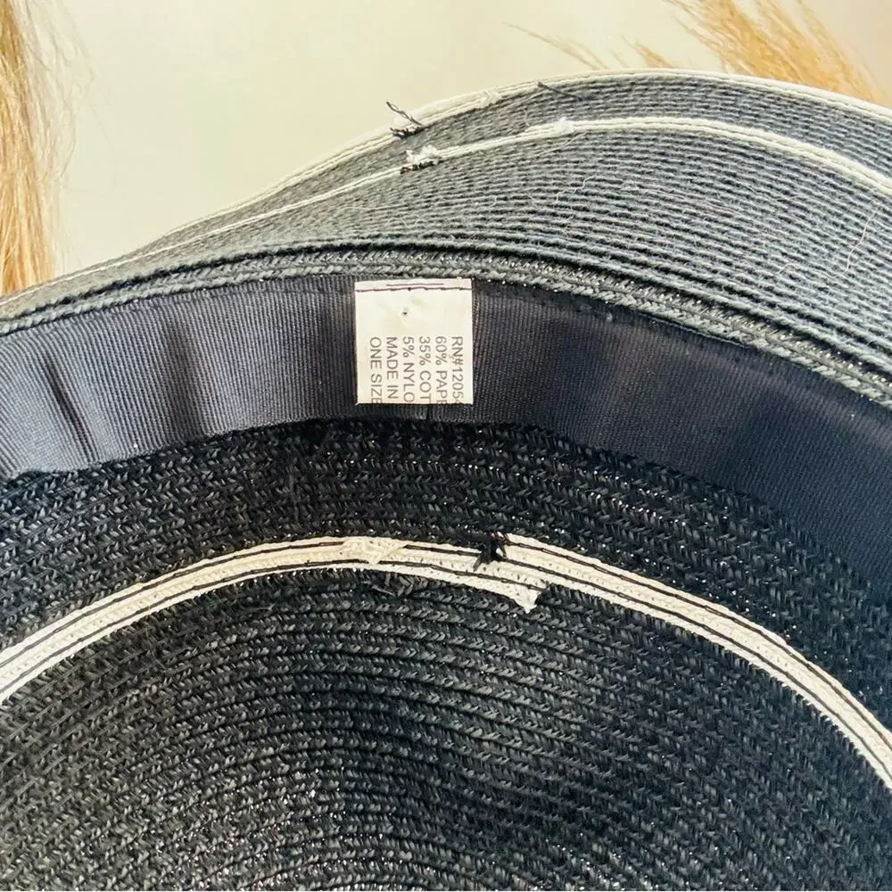 VINTAGE NORDSTROM Cream Tan Straw Wide Brim Floppy Black Stripe Wide Sun Hat - Picture 6 of 10